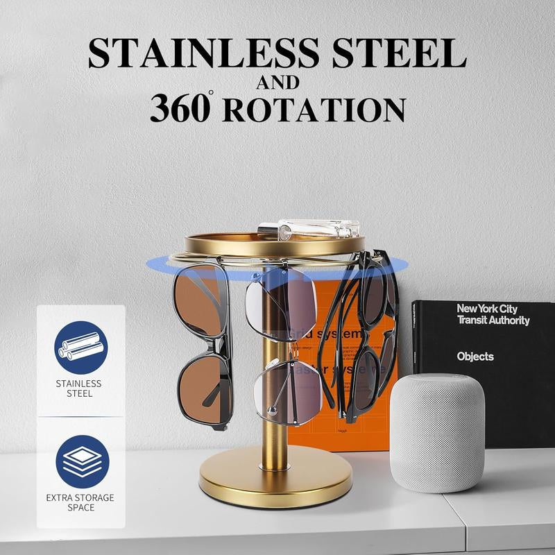 360? Rotating Sunglass Organizer Storage, Stainless Steel Glasses Holder Stand, Glasses Organizer with Tray for Desk, Dresser, Tabletop, Nightstand and Home Decor ()