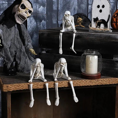 3Pcs Halloween Statues No-Evil Skeleton Collectible-Figurines - Realistic Skull Decorations See Speak Hear No Evil Home Decor Set of 3, 2.3L X 4W X 4.3H Inch Ornaments Swinging Pumpkin Mini Finger Scary Flying Ghost Doll Costume Bat Wings Pet