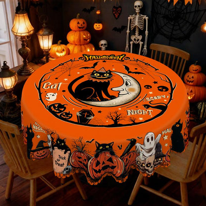 Eikione-Spooky Night Halloween Tablecloth – Moon, Bat & Graveyard Print – Waterproof & Wrinkle-Free for Any Table Shape