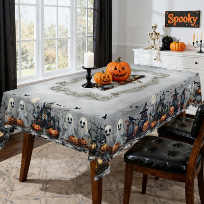 Eikione-Spooky Night Halloween Tablecloth – Moon, Bat & Graveyard Print – Waterproof & Wrinkle-Free for Any Table Shape