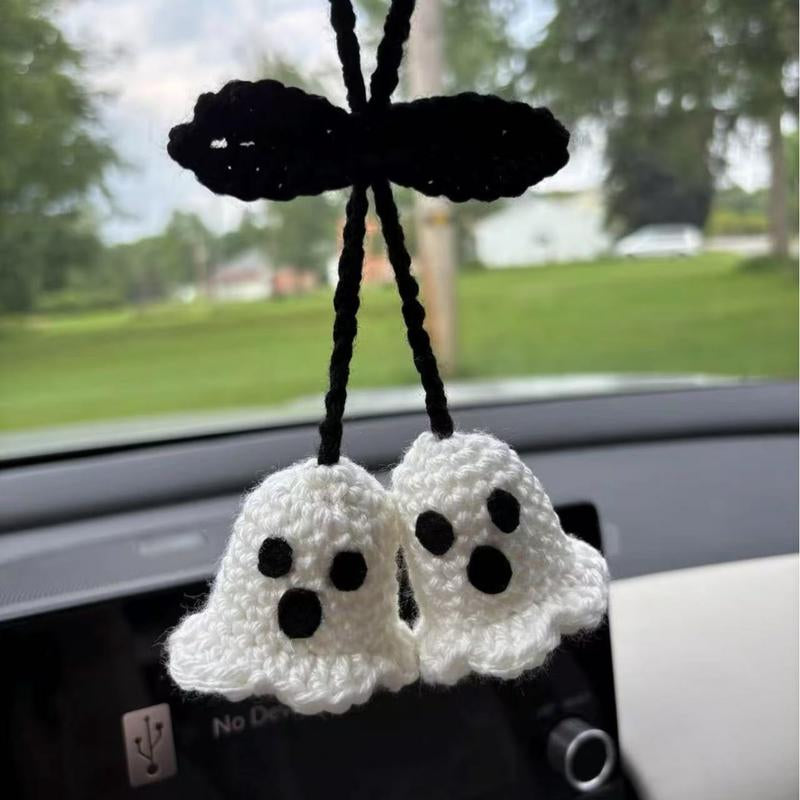 Halloween 2025,Decor,Crochet,Ghost Pumpkin Rearview Mirror Charm,Hanging Car Charm, Handmade Halloween Ornament, Amigurumi Spooky Cute Décor, Durable Yarn, Easy to Hang, Fits Car Mirror Doors Walls Trees, Multi, Holiday