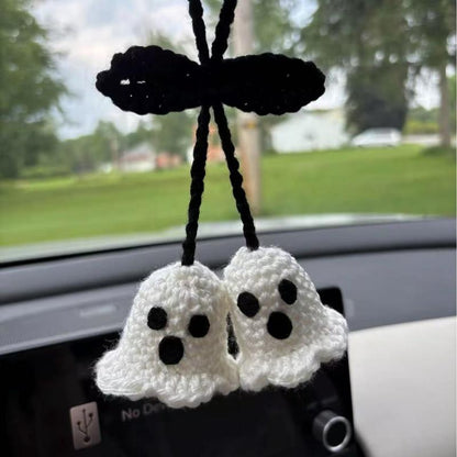 Halloween 2025,Decor,Crochet,Ghost Pumpkin Rearview Mirror Charm,Hanging Car Charm, Handmade Halloween Ornament, Amigurumi Spooky Cute Décor, Durable Yarn, Easy to Hang, Fits Car Mirror Doors Walls Trees, Multi, Holiday