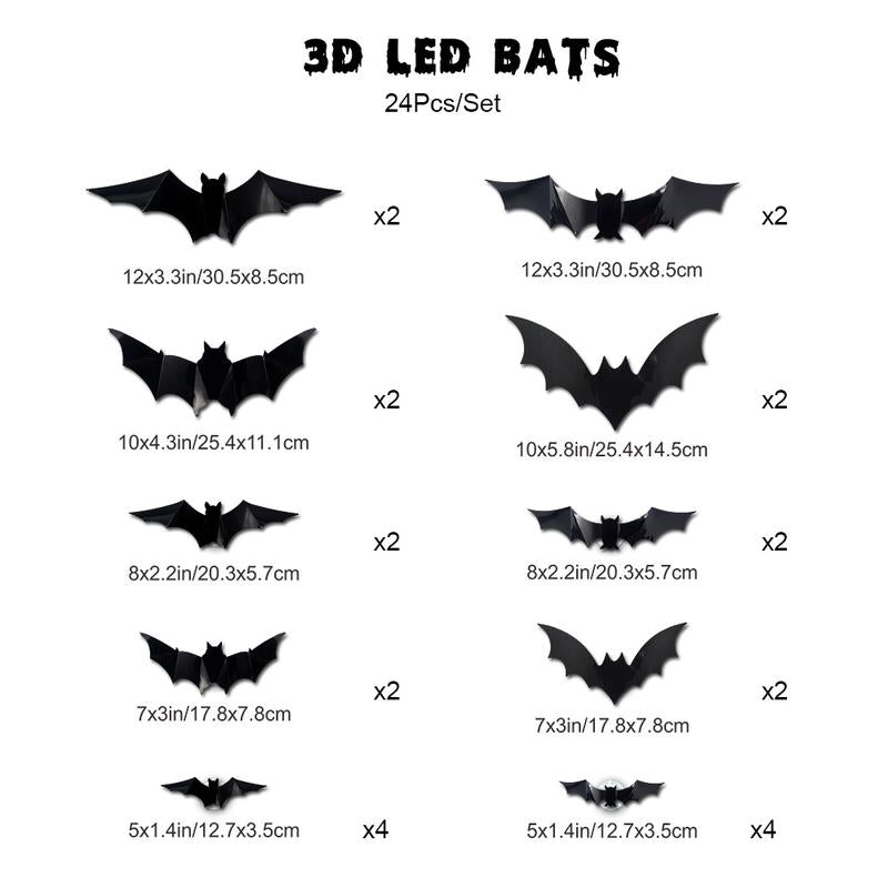 Bougerv 3D Bat Design LED Decorations 12Pcs/24Pcs Set Spooky Ornaments for Home Party Festival Halloween Easy Install Wall Stickers Smooth Application - Decorative（Non-Remote）