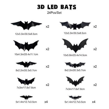 Bougerv 3D Bat Design LED Decorations 12Pcs/24Pcs Set Spooky Ornaments for Home Party Festival Halloween Easy Install Wall Stickers Smooth Application - Decorative（Non-Remote）
