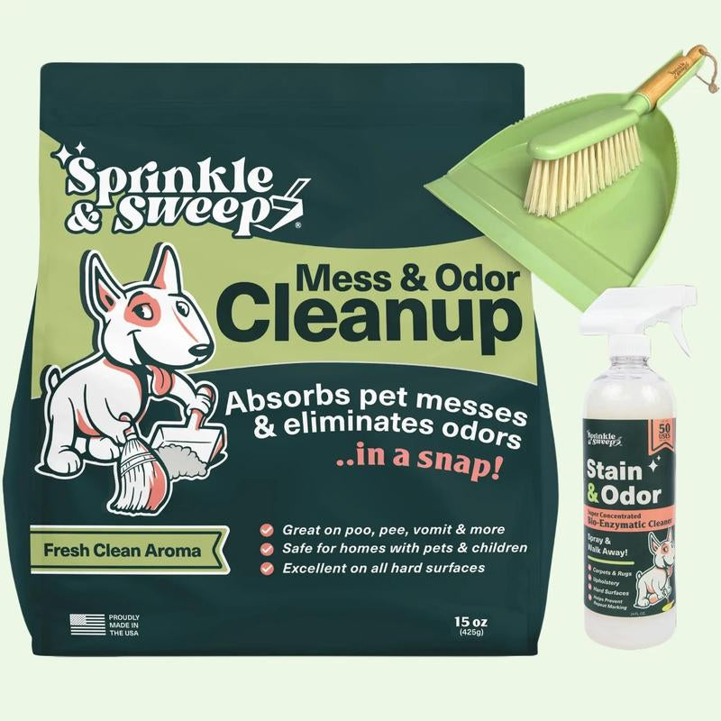 Sprinkle & Sweep All-In-One Pet Accident Cleanup Kit - Mess Cleaner, Odor Spray & Dustpan