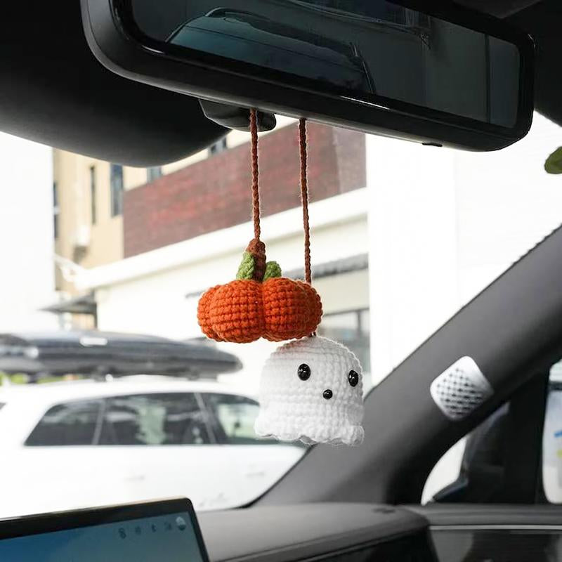 Halloween 2025,Decor,Crochet,Ghost Pumpkin Rearview Mirror Charm,Hanging Car Charm, Handmade Halloween Ornament, Amigurumi Spooky Cute Décor, Durable Yarn, Easy to Hang, Fits Car Mirror Doors Walls Trees, Multi, Holiday
