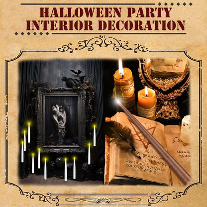 Floating Flameless Halloween Candles with Magic Wand Remote, 6.6" Hanging LED Taper Candles with Hooks & Fishing Line, Flickering Battery Operated Candles for Christmas, Windows, Spooky Indoor Outdoor Decor