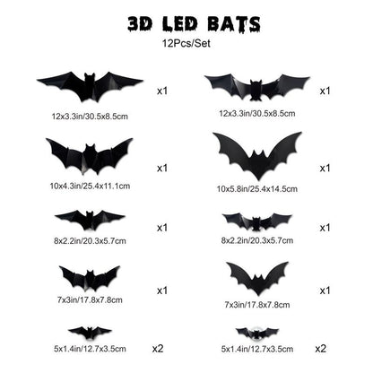 Bougerv 3D Bat Design LED Decorations 12Pcs/24Pcs Set Spooky Ornaments for Home Party Festival Halloween Easy Install Wall Stickers Smooth Application - Decorative（Non-Remote）
