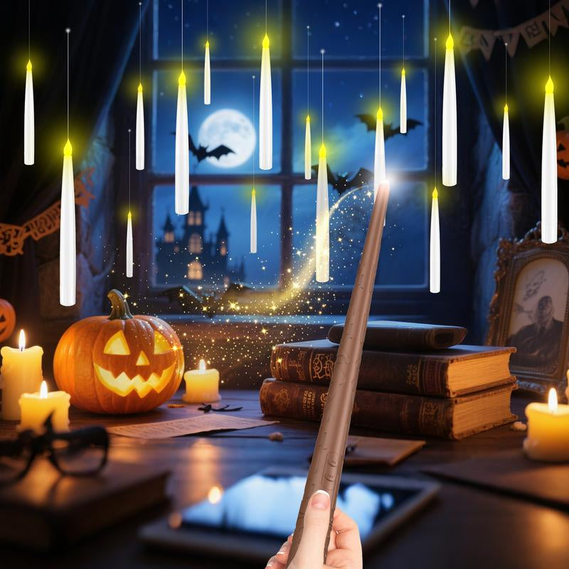 Floating Flameless Halloween Candles with Magic Wand Remote, 6.6" Hanging LED Taper Candles with Hooks & Fishing Line, Flickering Battery Operated Candles for Christmas, Windows, Spooky Indoor Outdoor Decor