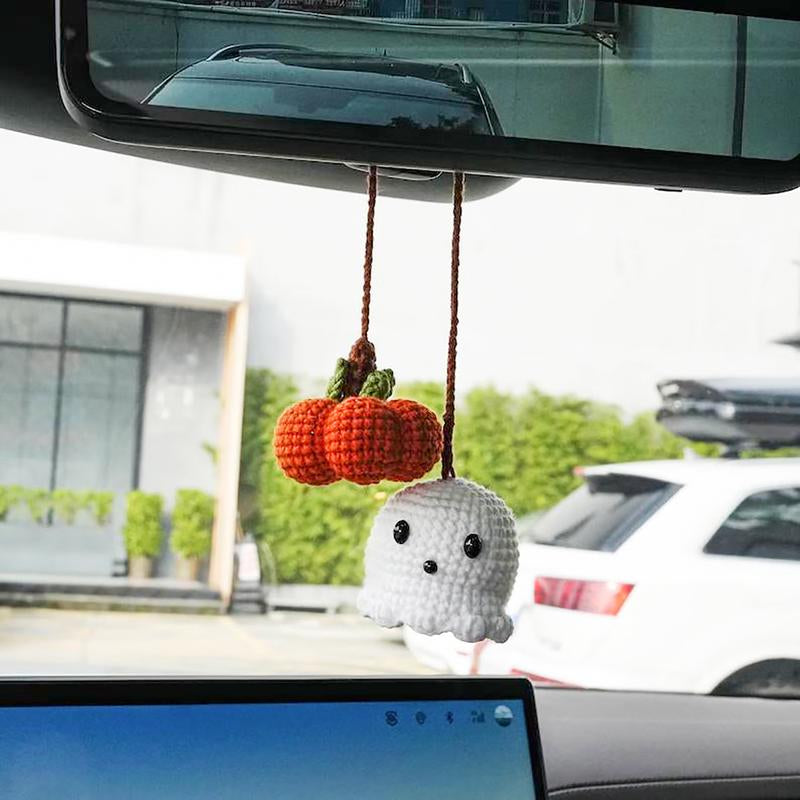 Halloween 2025,Decor,Crochet,Ghost Pumpkin Rearview Mirror Charm,Hanging Car Charm, Handmade Halloween Ornament, Amigurumi Spooky Cute Décor, Durable Yarn, Easy to Hang, Fits Car Mirror Doors Walls Trees, Multi, Holiday