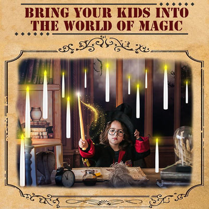 Floating Flameless Halloween Candles with Magic Wand Remote, 6.6" Hanging LED Taper Candles with Hooks & Fishing Line, Flickering Battery Operated Candles for Christmas, Windows, Spooky Indoor Outdoor Decor