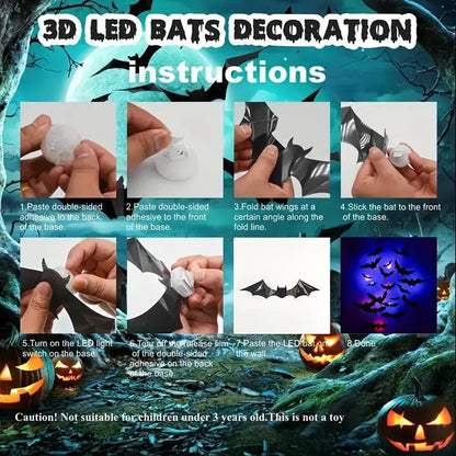 Bougerv 3D Bat Design LED Decorations 12Pcs/24Pcs Set Spooky Ornaments for Home Party Festival Halloween Easy Install Wall Stickers Smooth Application - Decorative（Non-Remote）