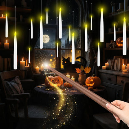 Floating Flameless Halloween Candles with Magic Wand Remote, 6.6" Hanging LED Taper Candles with Hooks & Fishing Line, Flickering Battery Operated Candles for Christmas, Windows, Spooky Indoor Outdoor Decor
