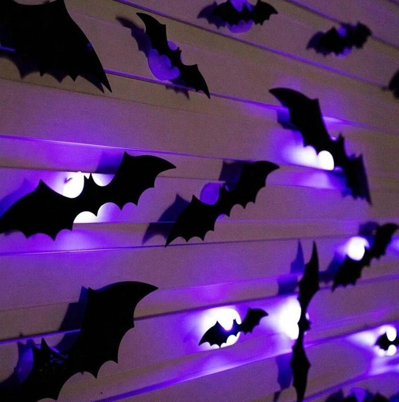 Bougerv 3D Bat Design LED Decorations 12Pcs/24Pcs Set Spooky Ornaments for Home Party Festival Halloween Easy Install Wall Stickers Smooth Application - Decorative（Non-Remote）