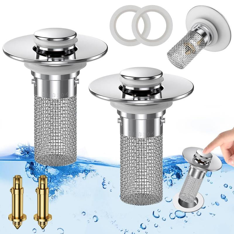 2-Pack Pop-Up Bathroom Sink Drain Strainer with Removable Stainless Steel Filter Basket - Universal Sink Stopper for Bathroom & Kitchen Basins